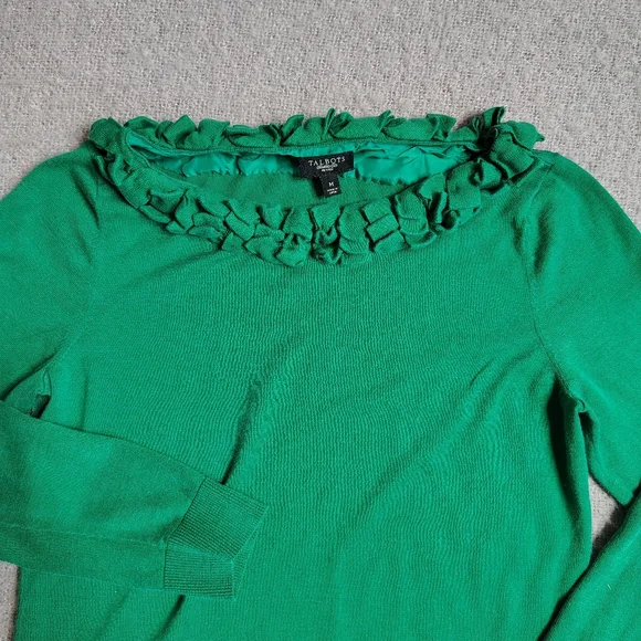 Talbots Sweater Women's Size Medium Green Silk Long Sleeve Fringe Scoop - Picture 3 of 8